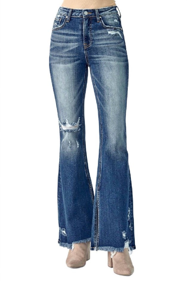 WOMEN'S FLARE DISTRESSED HIGH RISE SLIT JEANS IN BLUE, , alternate image number null