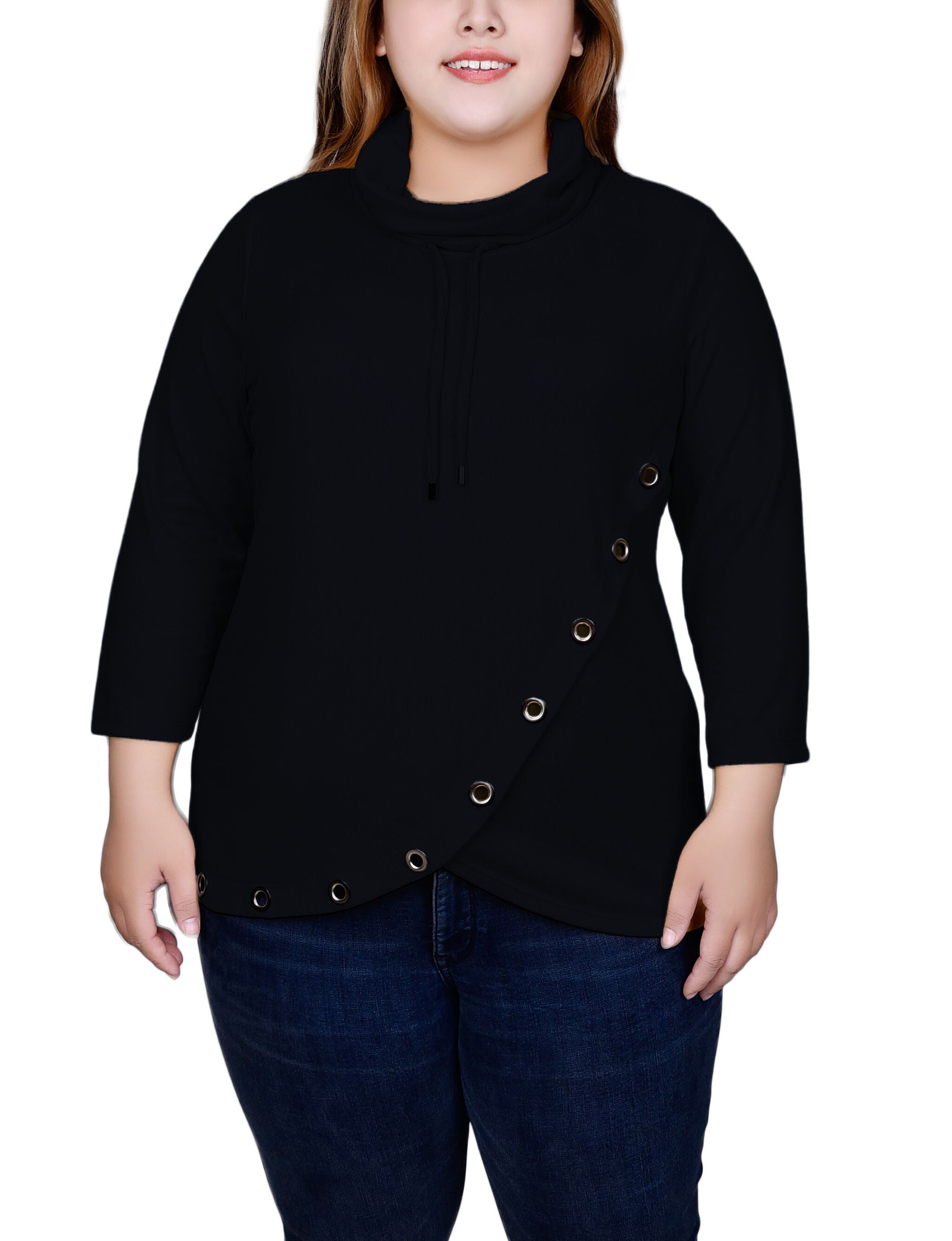 Plus Size 3/4 Slv Top With Grommet Hem, Black, hi-res image number 0