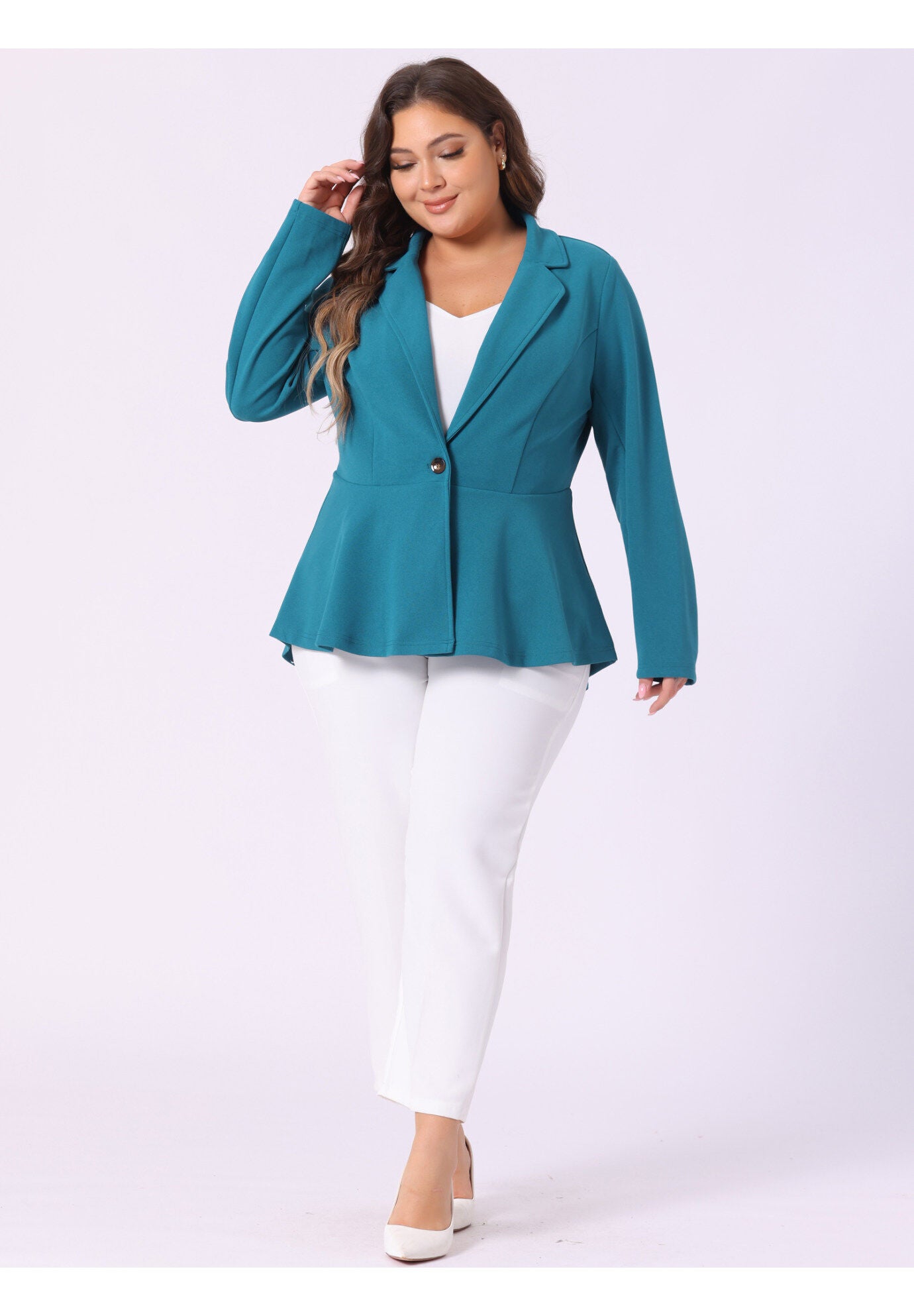 RUFFLE V NECK BUTTON NOTCH PANEL PEPLUM BLAZER, Lake Blue / Light Blue, hi-res image number 0