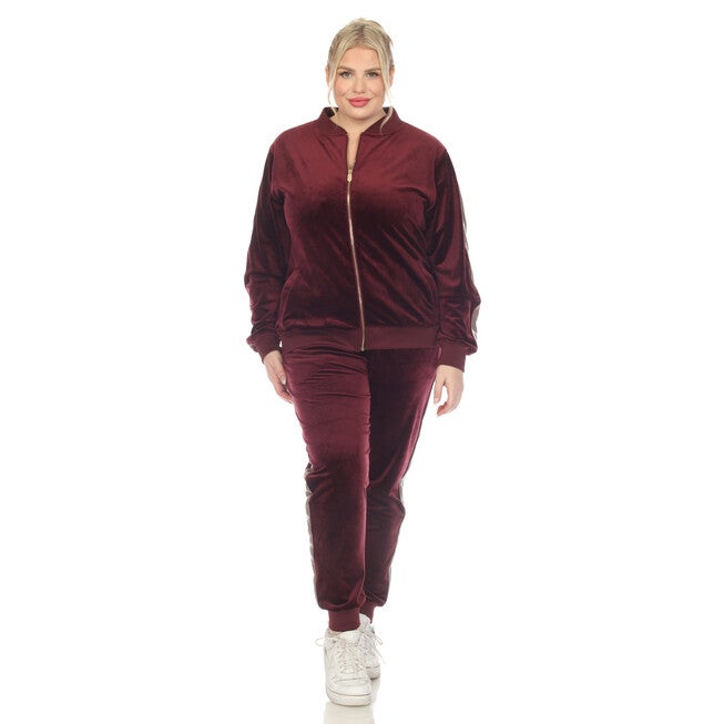Plus Size 2-Piece Velour with Faux Leather Stripe, Burgundy / Burgundy, hi-res image number 0
