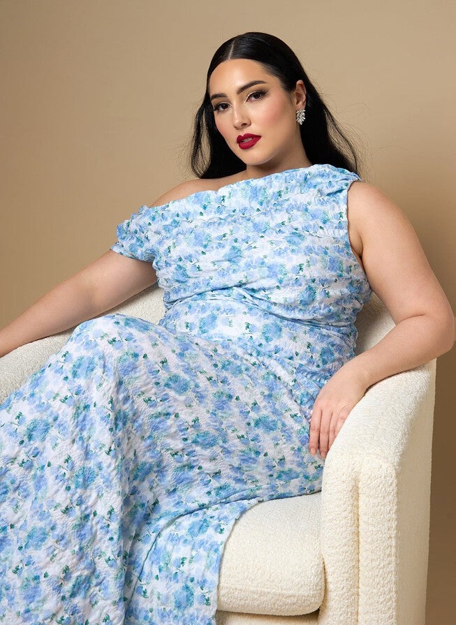 FORGET ME NOT FLORAL ASYMMETRICAL MAXI BODYCON DRESS, Blue / Royal Blue, hi-res image number 0