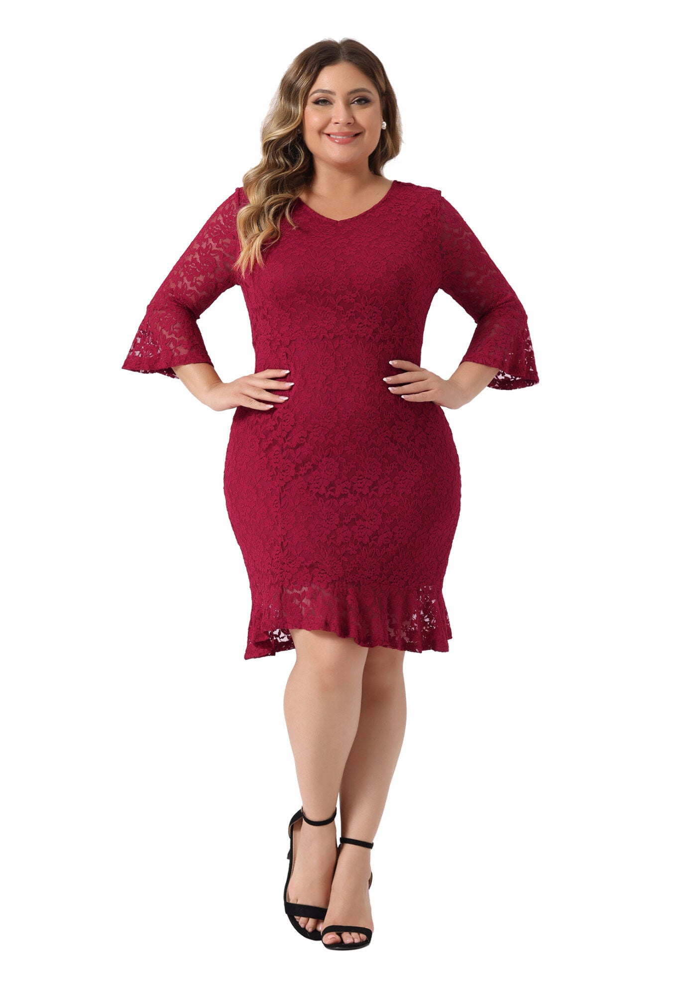 Ruffle Sleeves Cocktail Bodycon Dress, Burgundy / Burgundy, hi-res image number 0
