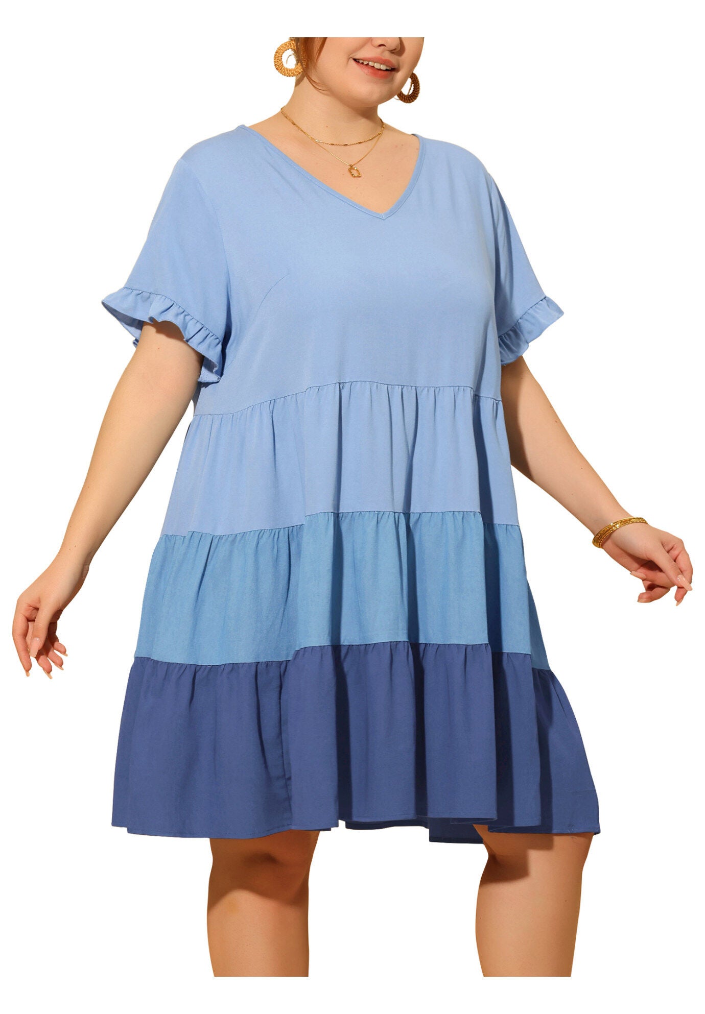 Babydoll Ruffle Short Sleeve Chambray Mini Dress, Blue / Light Blue, alternate image number 2