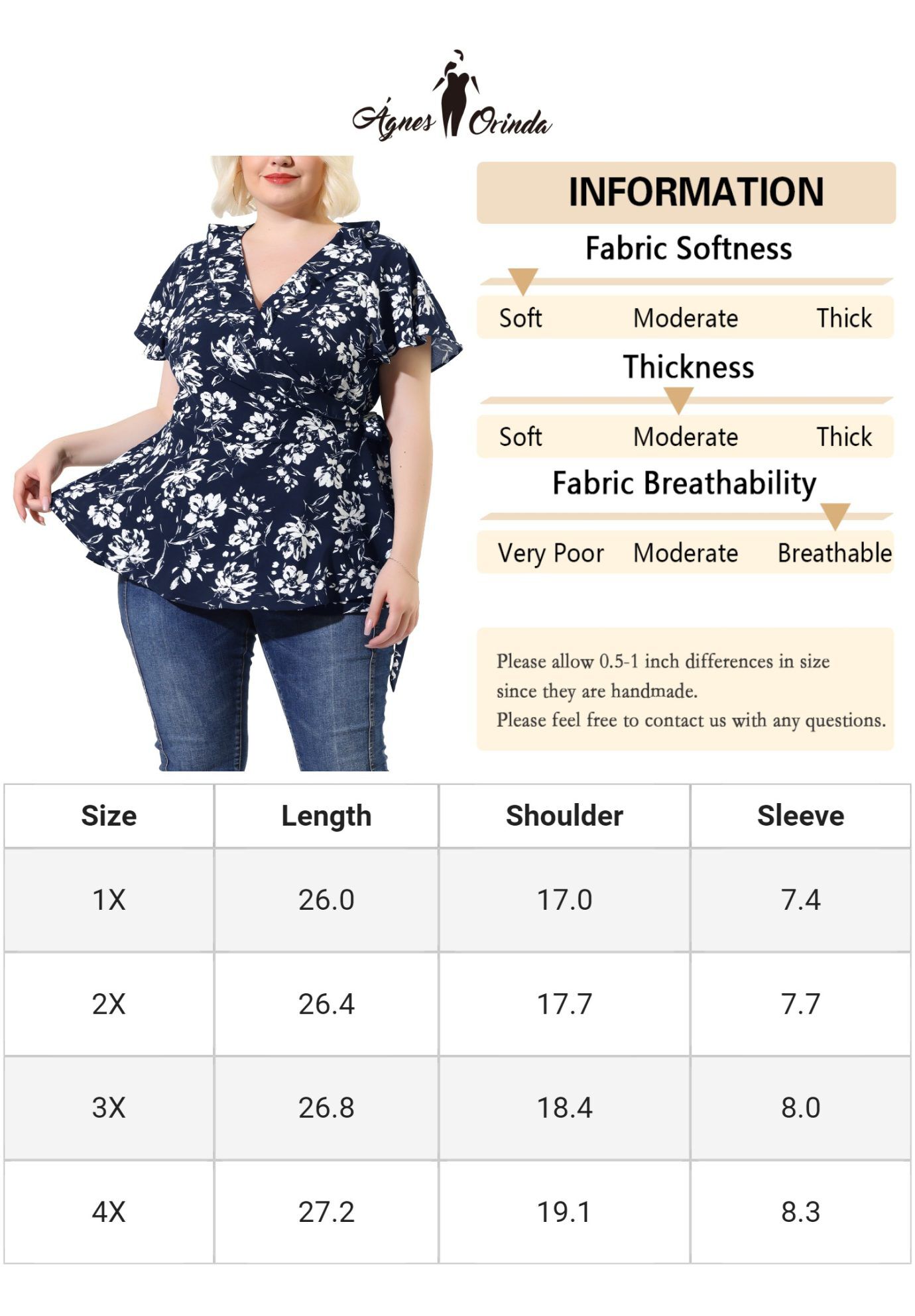 Wrap V Neck Tie Waist Ruffle Sleeve Blouse Summer Floral Top, Navy Blue / Navy, alternate image number 2