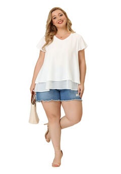 Summer Top Ruffle Short Sleeve V Neck Double Layered Hem Chiffon Blouse