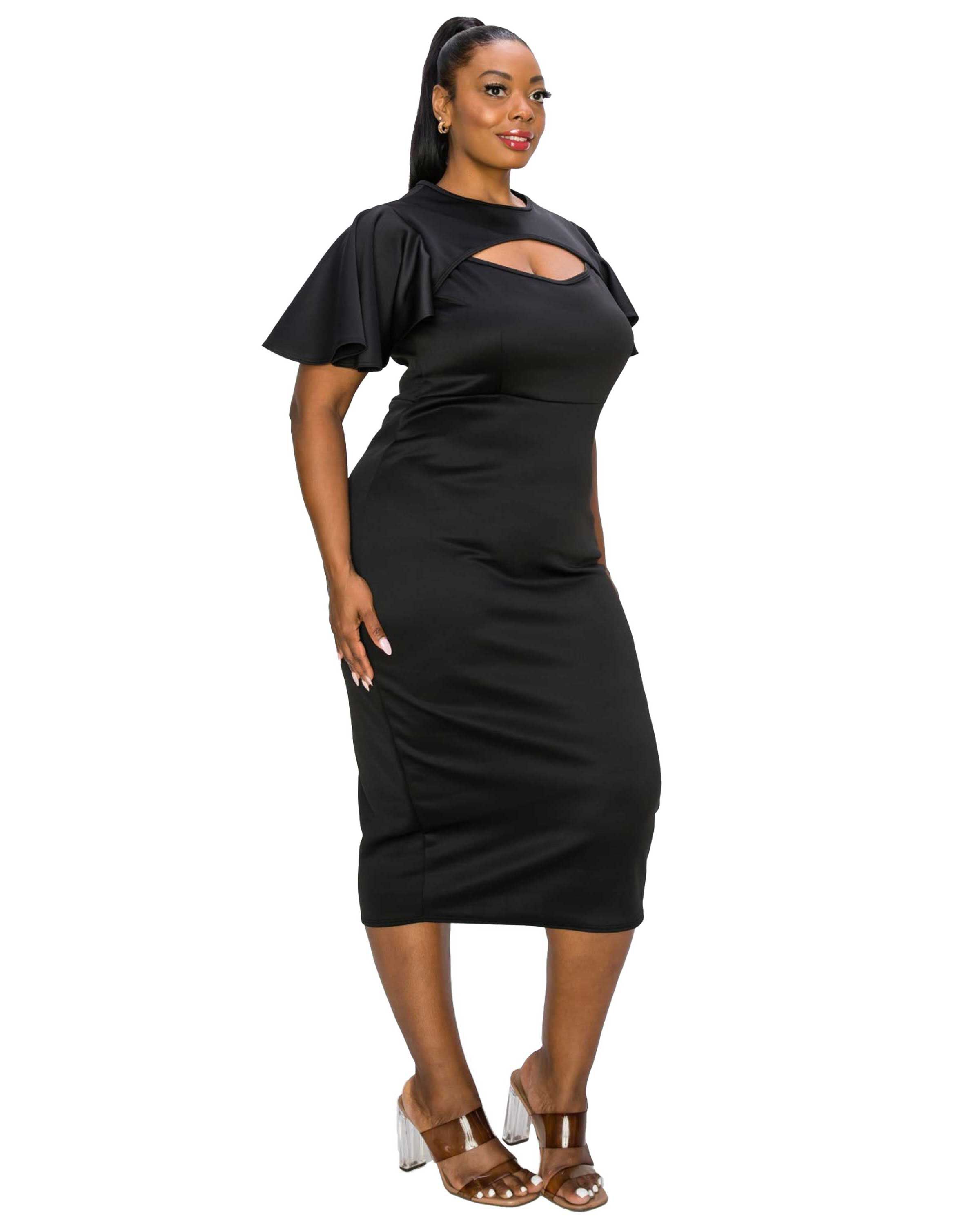 MILLIE CUTOUT FLUTTER DRESS, Black / Black, alternate image number 1