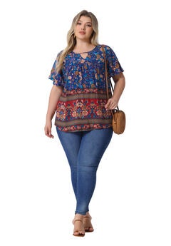 Keyhole Ruffle Short Sleeve Top Boho Floral Summer Blouse
