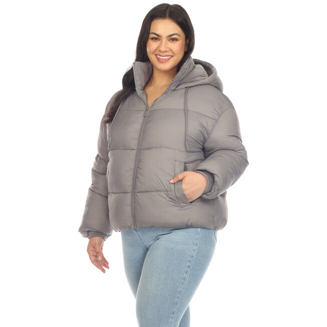 Women's Full Front Zip Hooded Bomber Puffer Coat, Grey / Charcoal Grey, alternate image number 3