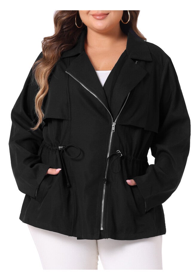 DRAWSTRING WAIST TRENCH UTILITY ANORAK JACKET, Black / Black, alternate image number null