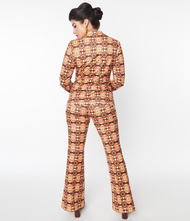 Unique Vintage Orange & Brown Mosaic Flare Pants, Orange Brown / Orange, alternate image number 4