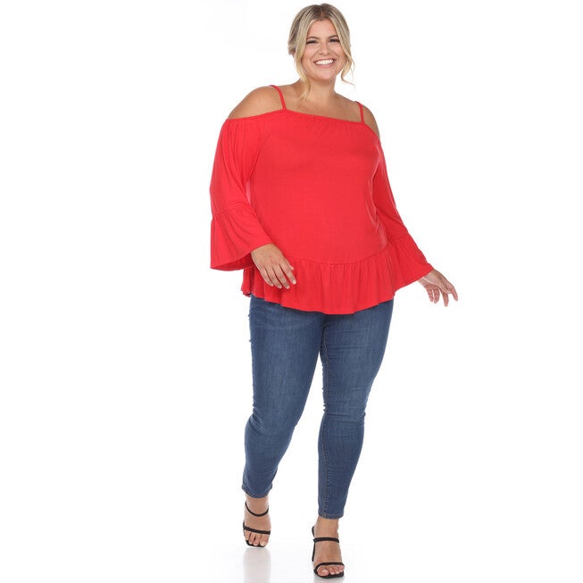 Cold Shoulder Ruffle Sleeve Top, Red / Red, alternate image number 4