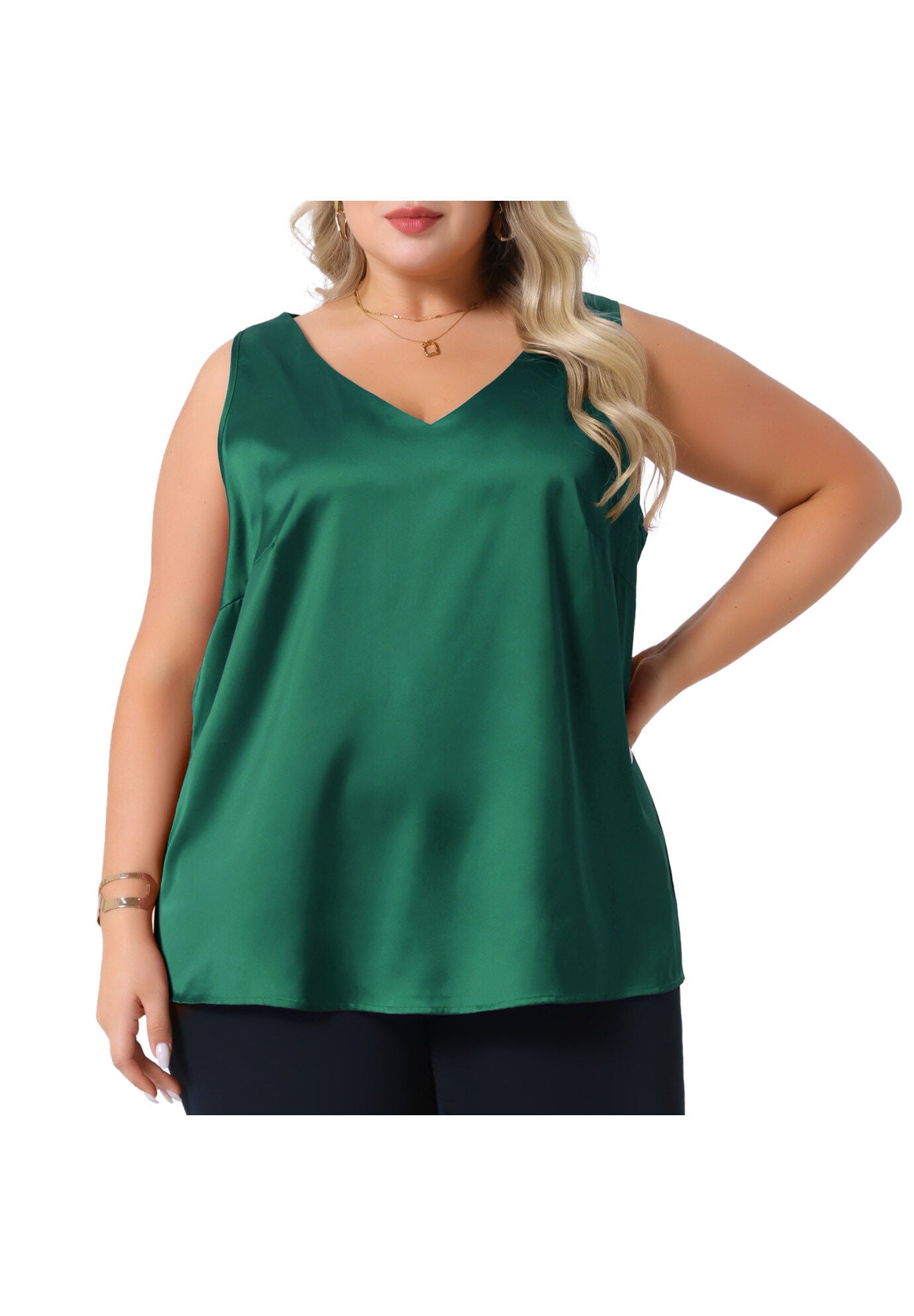 Satin Tank Top V Neck Casual Sleeveless Cami, Dark Green / Hunter Green, alternate image number 2