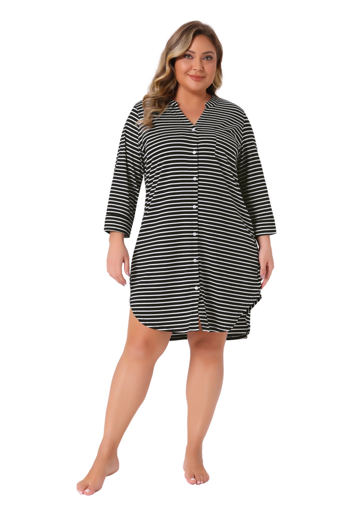 Button Down Dress V Neck 3/4 Sleeve Nightgown, Black / Black, hi-res image number 0