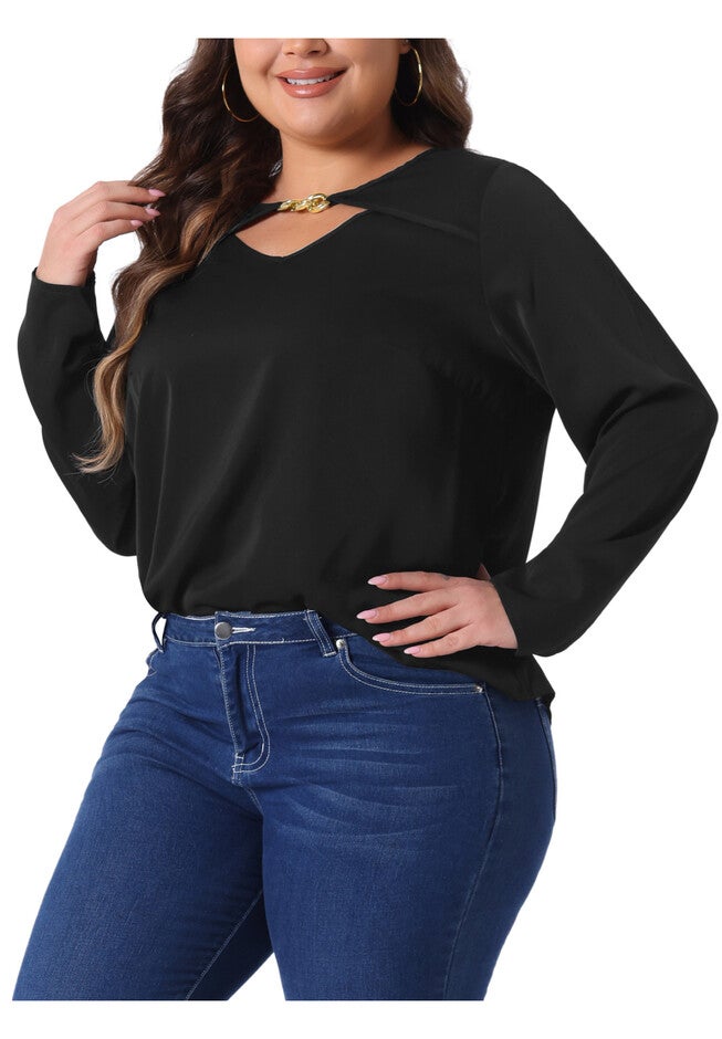 V Neck Long Sleeve Metal Chain Cutout Front T-Shirt Top, Black / Black, alternate image number 1