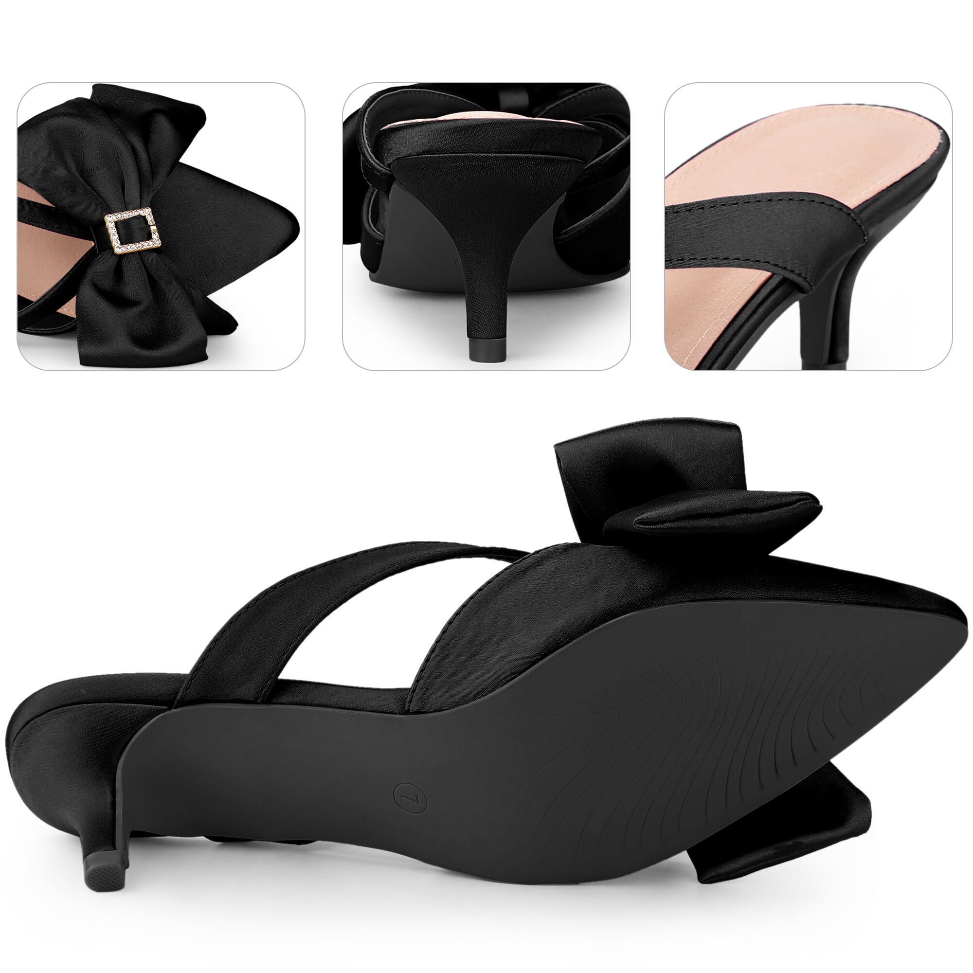 Bow Rhinestones Kitten Heels Satin Slide Mules, Black / Black, alternate image number 2