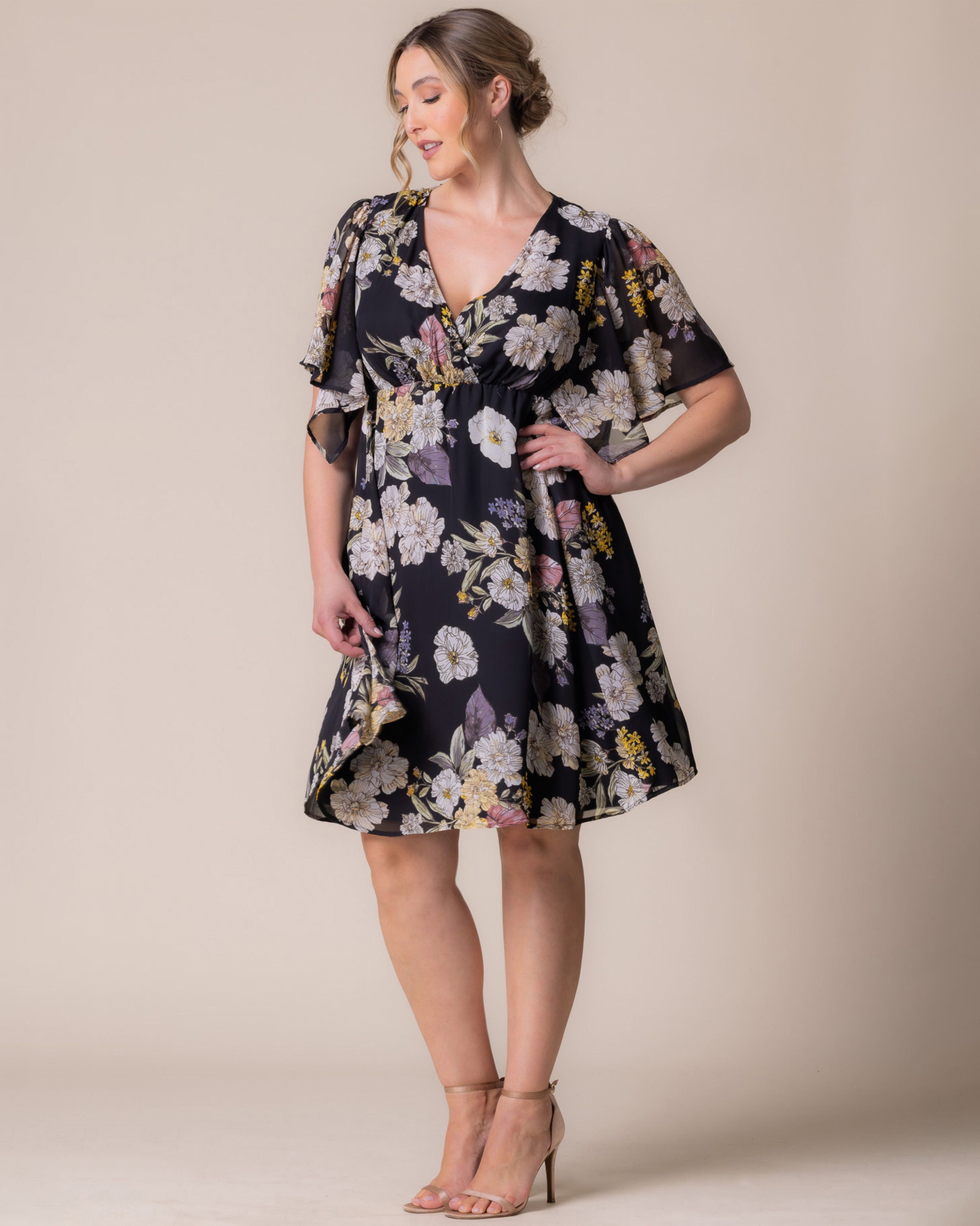 Florence Flutter Sleeve Dress, MIDNIGHT PEONY PRINT / Black, alternate image number 4