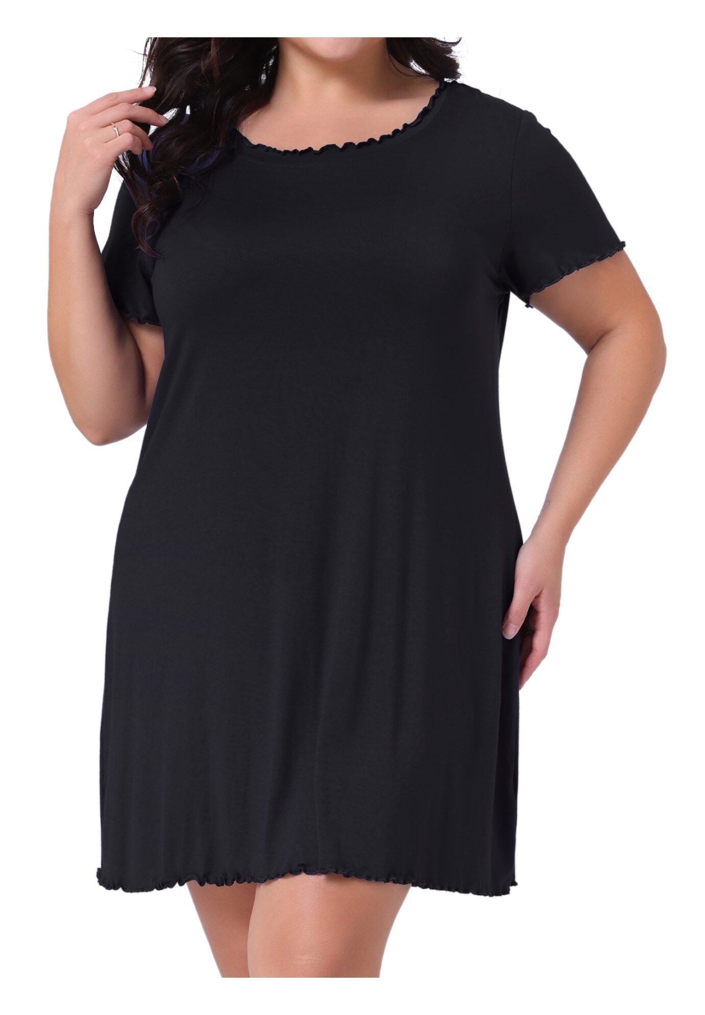 Short Sleeve Ruffle Casual Loose Pajama Dress, Black / Black, alternate image number 2