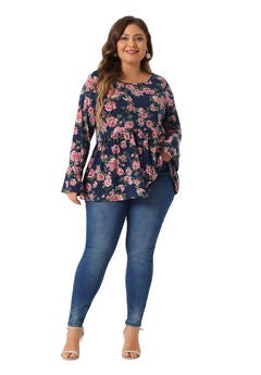 Floral Bell Long Sleeve Crew Neck Shirt Peplum Babydoll Top