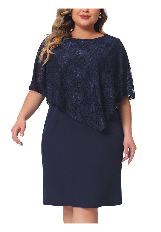 Lace Overlay Bodycon Pencil Cape Dress, Dark Blue / Navy, alternate image number 2