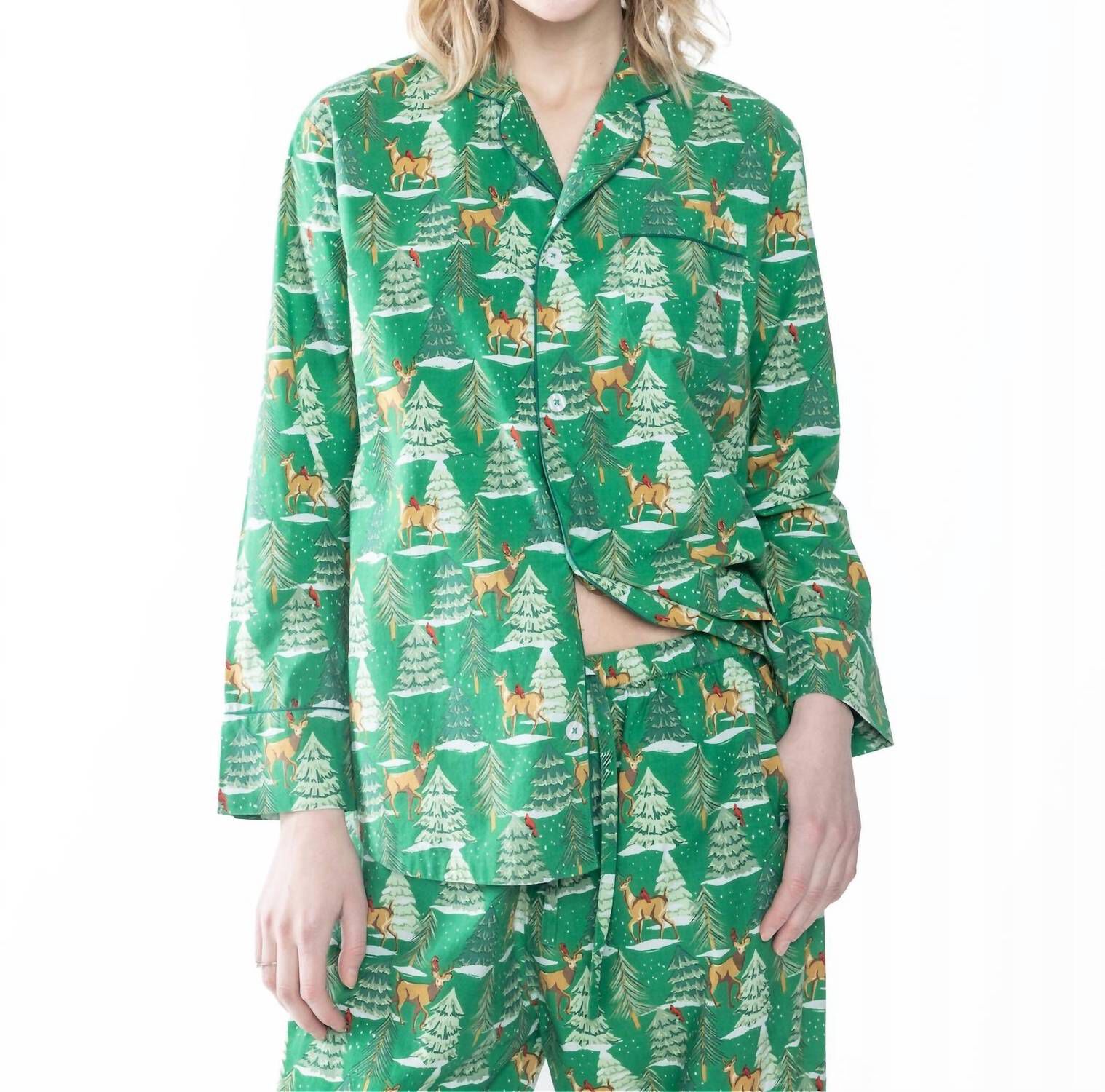DEER JAMAS LONG SLEEVE PAJAMA SET IN GREEN, Green / Forest Green, alternate image number 2