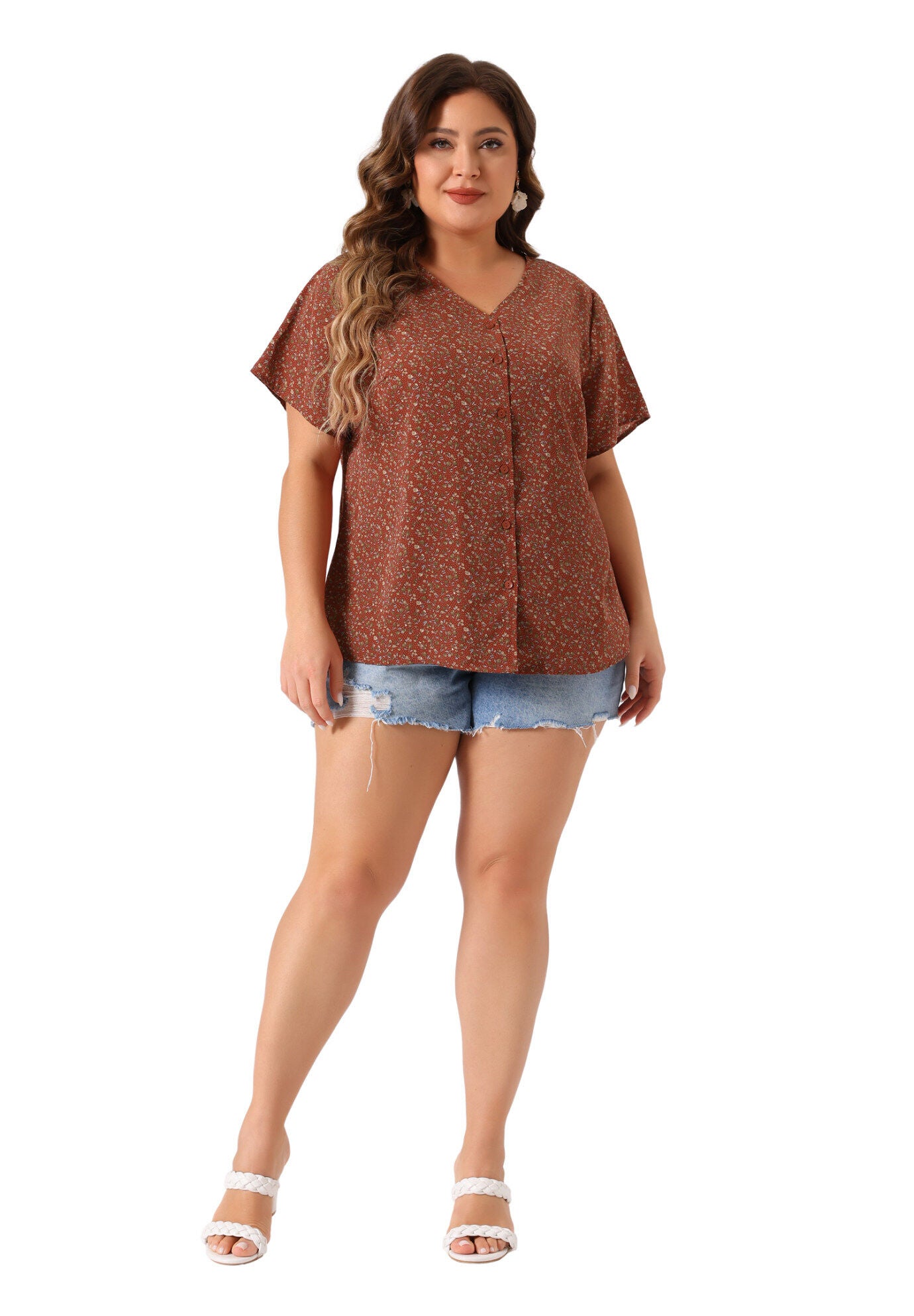 V Neck Button Short Sleeve Floral Blouse, Red / Red, hi-res image number 0