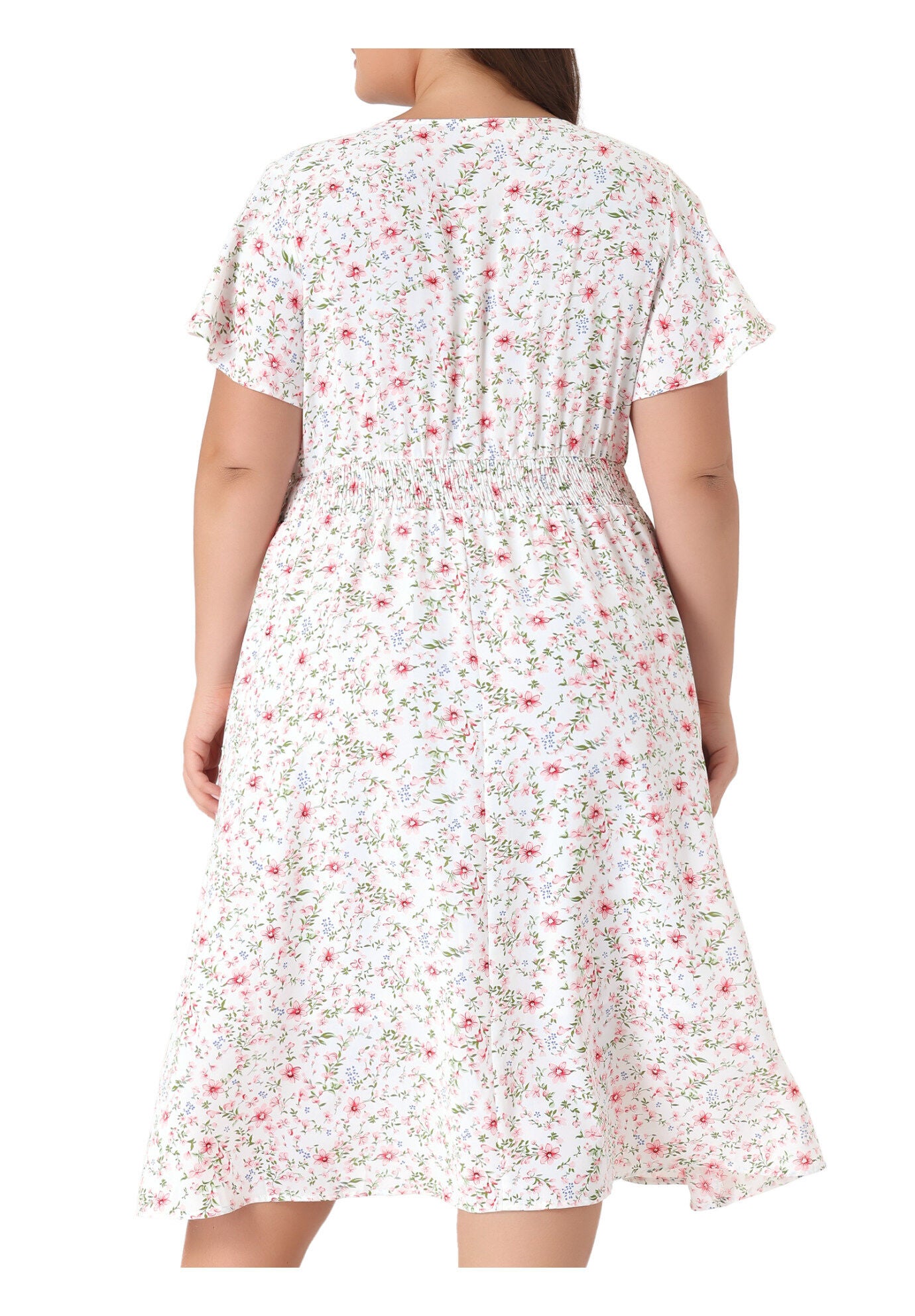 Summer Floral Print V Neck Smocked A-Line Flowy Midi Dress, White / White, alternate image number 1