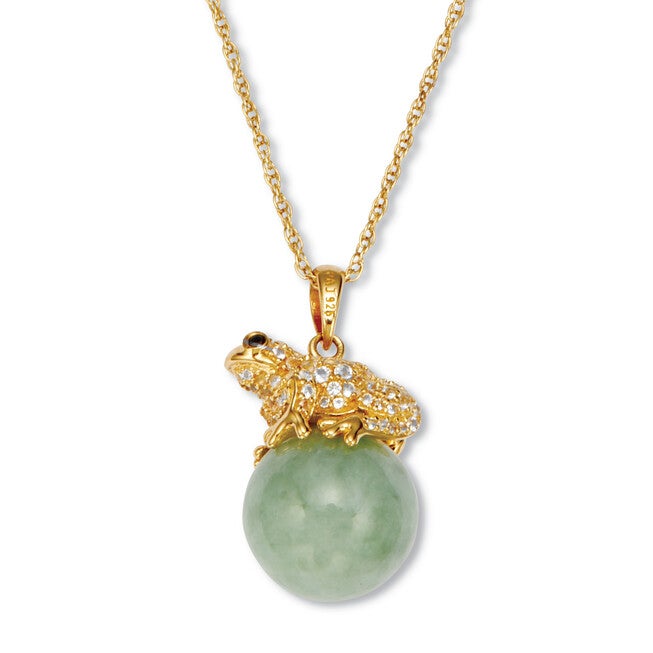 Round Genuine Green Jade 18k Gold-plated Frog Pendant Necklace, 18 inches, Green / Forest Green, hi-res image number 0