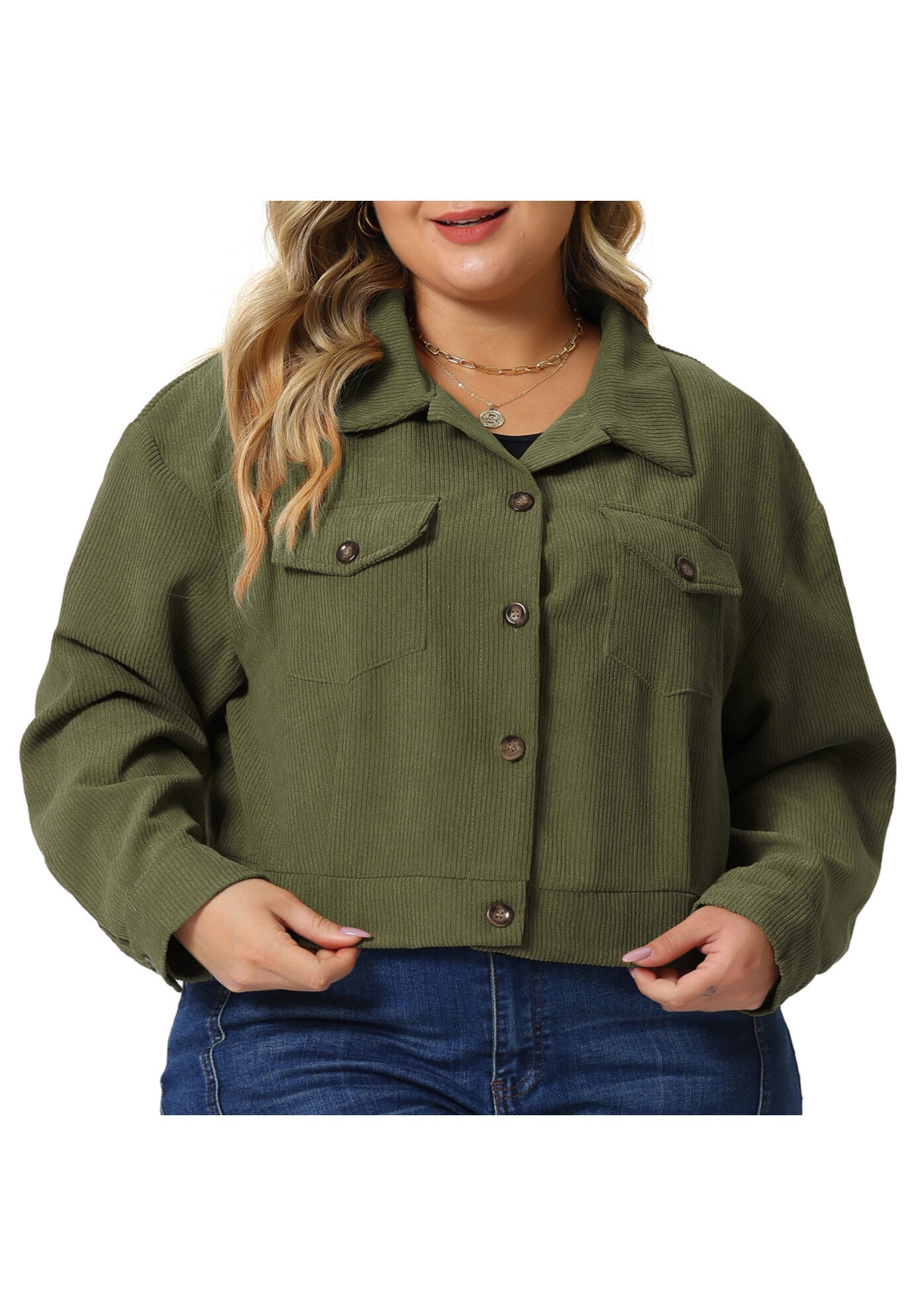CORDUROY CROPPED BUTTON DOWN LONG SLEEVE SHIRT SHACKET JACKET, Army Green / Olive Green, alternate image number 1