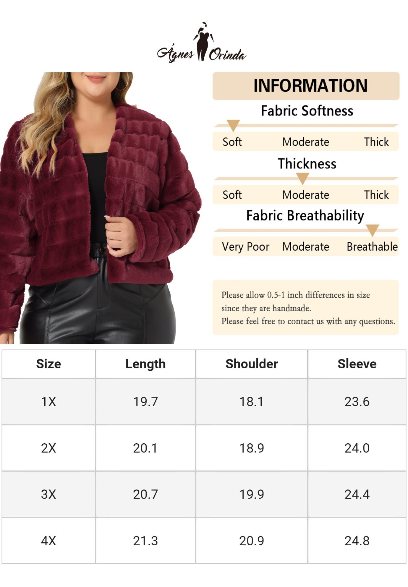 OPEN FRONT CROPPED FAUX FUR WINTER FLUFFY JACKET, Burgundy / Red, alternate image number 1
