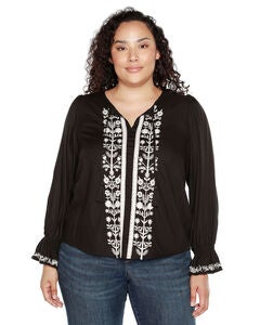 TIE-NECK EMBROIDERED-FRONT BLOUSE