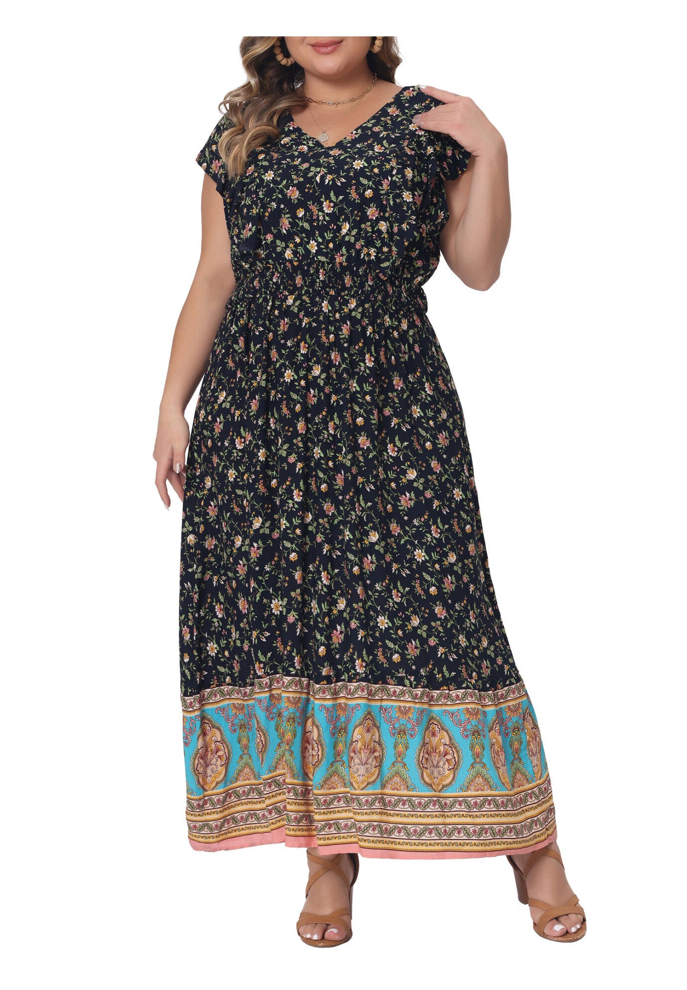 V Neck Ruffle Sleeve Boho Floral Maxi Long Dress, Navy Blue / Navy, alternate image number 2