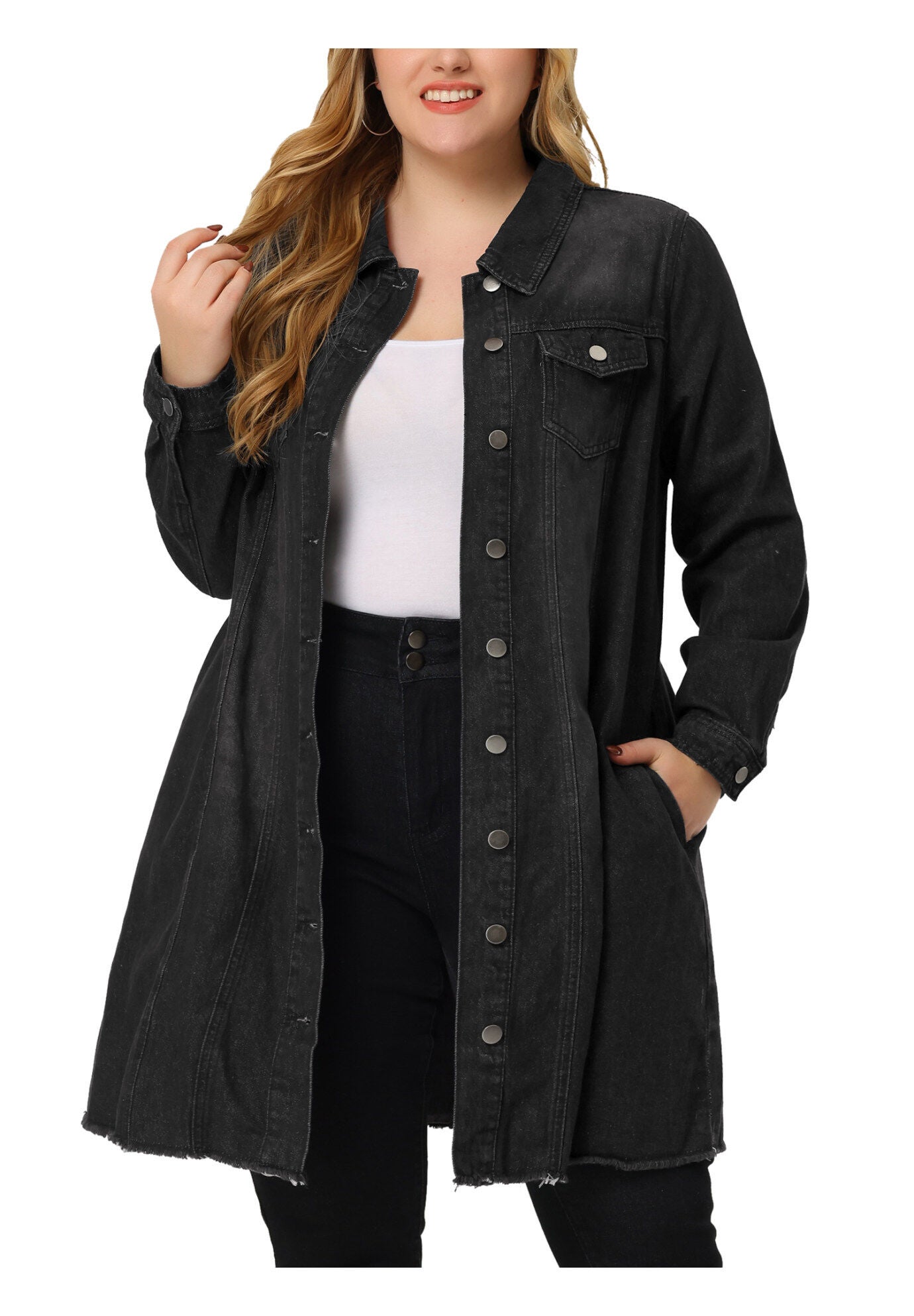 DISTRESSED BUTTON UP POCKET LONG DENIM JACKET, Black / Black, alternate image number 2