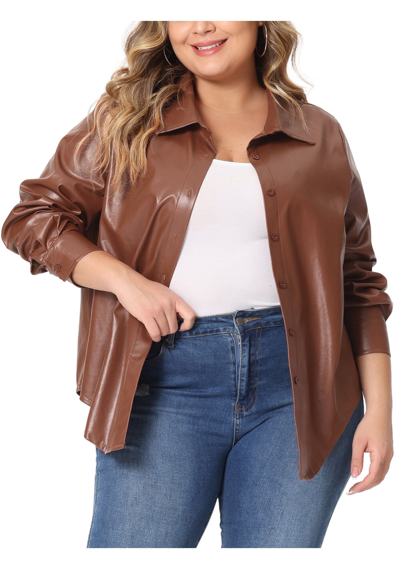 FAUX LEATHER JACKET SHACKET BUTTON DOWN SHIRT, Brown / Brown, alternate image number 2