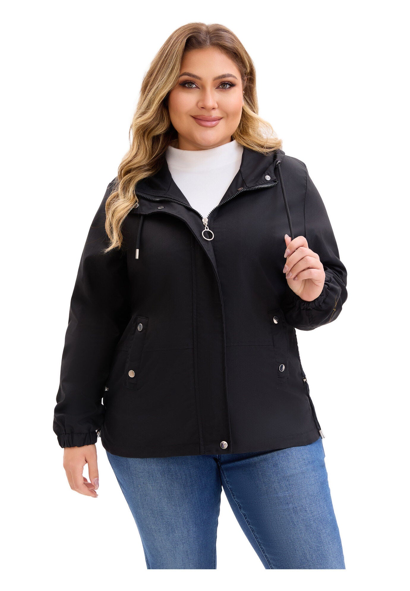 Anorak Zip Up Pockets with Hood Coats Jacket, Black / Black, alternate image number 2