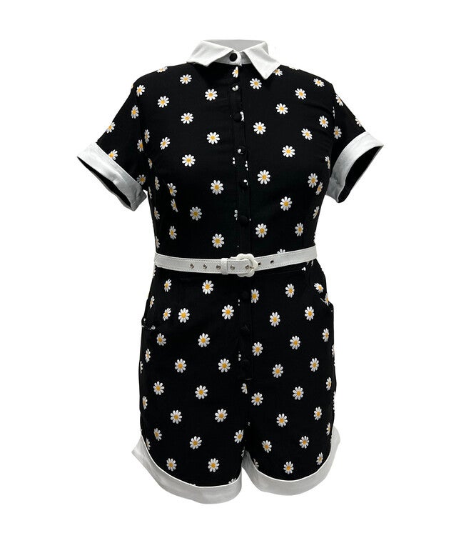Unique Vintage Daisy Print Patsy Romper, Black Floral / Black, hi-res image number null