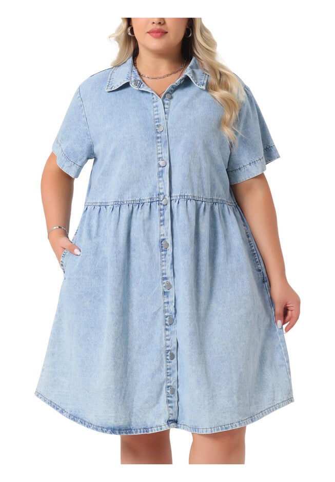 Denim Babydoll Tiered Short Sleeve Button Down Jean Shirt Dress, Light Blue / Light Blue, alternate image number 2