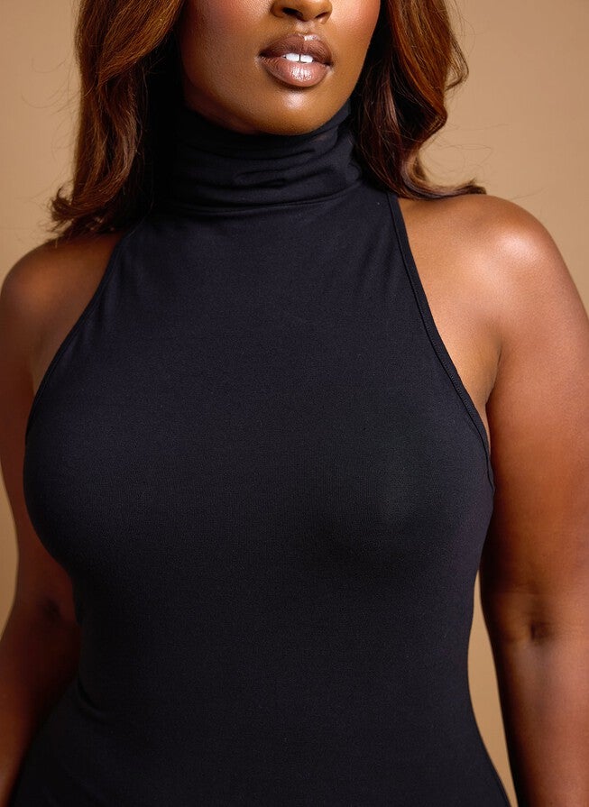 ELENA TURTLENECK BODYCON MIDI DRESS, Black / Black, alternate image number 2