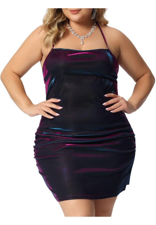 HALTER BODYCON GLITTER SPAGHETTI STRAP MINI DRESS, Blue / Navy, alternate image number 2