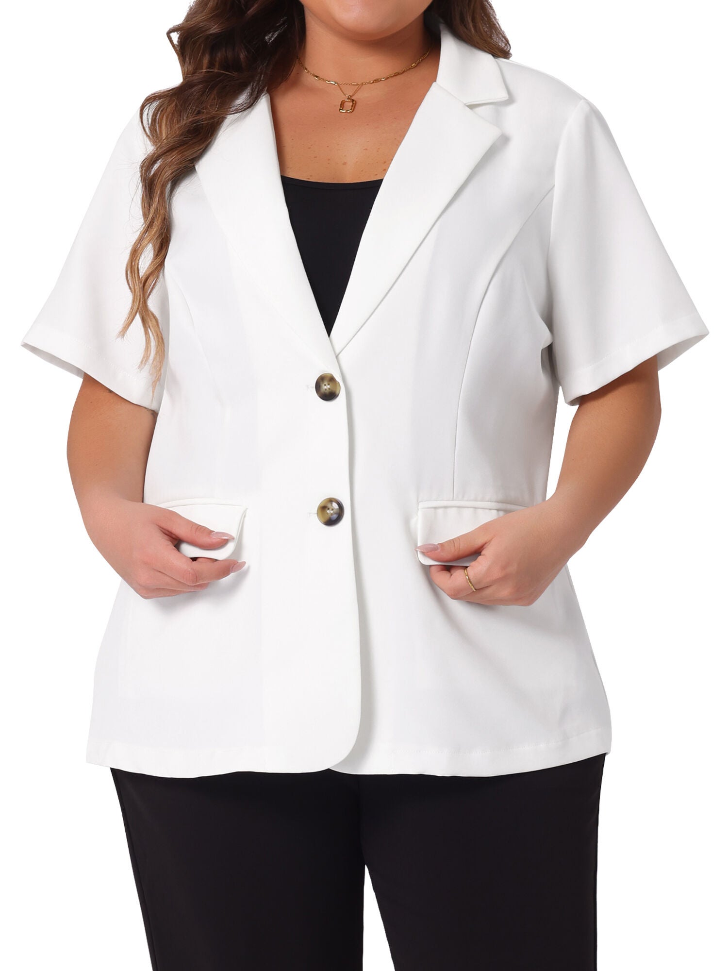 SHORT SLEEVE NOTCHED LAPEL BUTTON WORK BLAZER, White / White, alternate image number 1