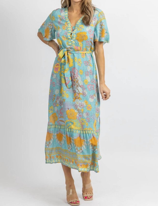 BUTTERFLY SLEEVE MIDI DRESS IN LIGHT BLUE FLORAL, , alternate image number null