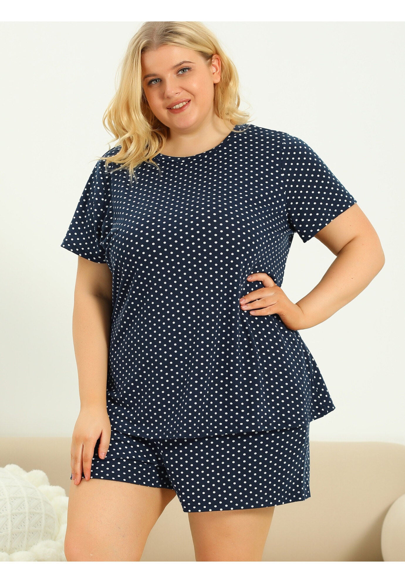 POLKA DOTS SLEEPWEAR PAJAMAS SET SHORT SLEEVE SHIRT AND SHORTS, Navy Blue / Navy, hi-res image number 0