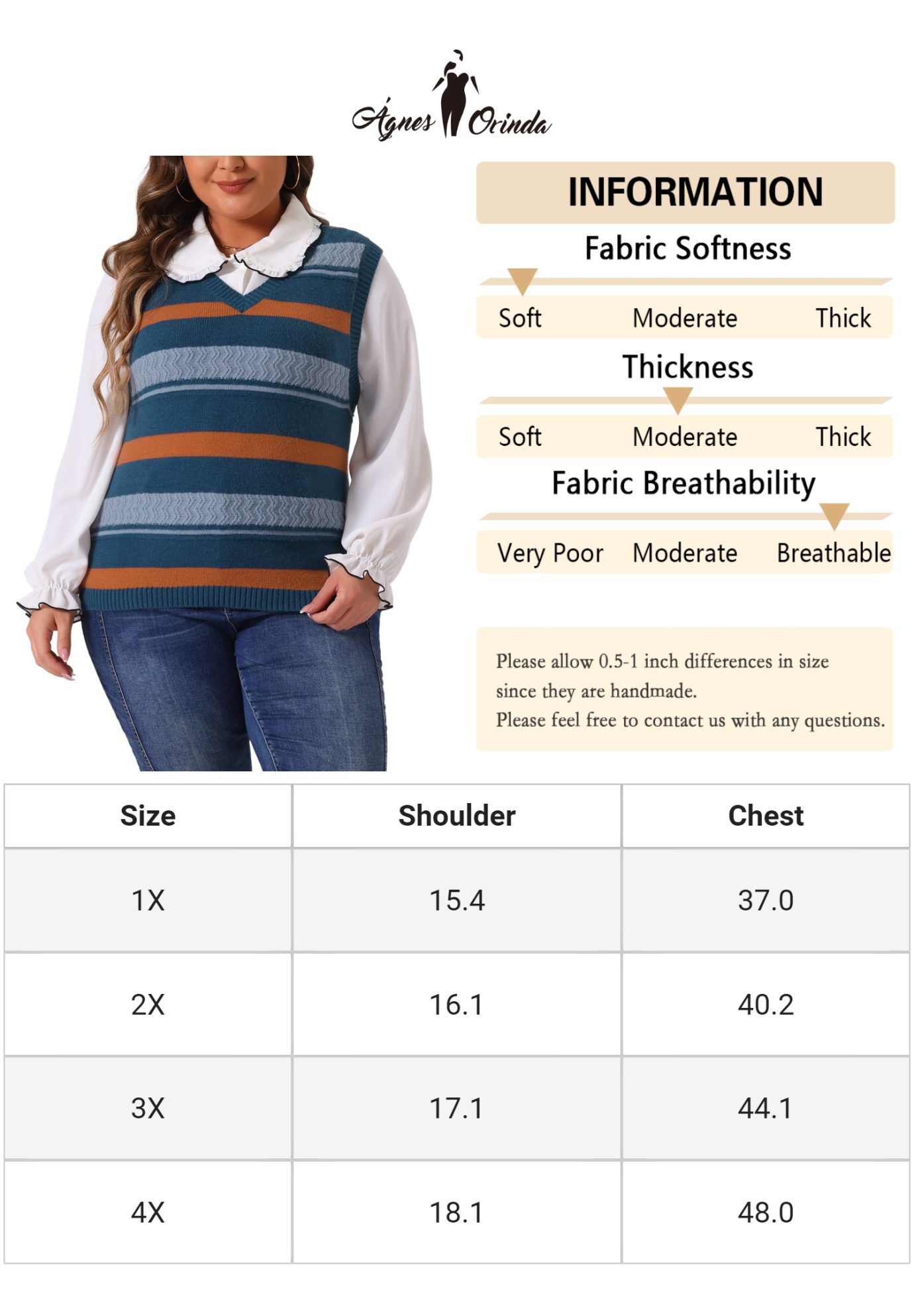 V Neck Striped Knit Casual Pullover Sweater Vest, Blue / Dusty Blue, alternate image number 4