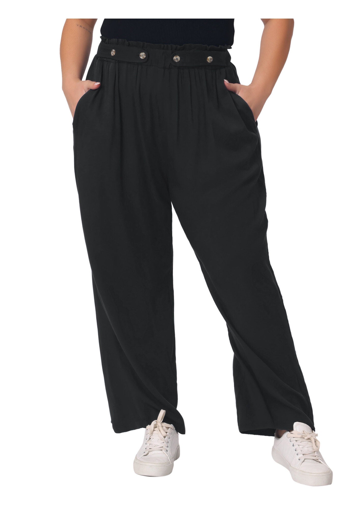 STRETCHY HIGH WAISTED WIDE LEG PALAZZO PANTS, Black / Black, alternate image number 1