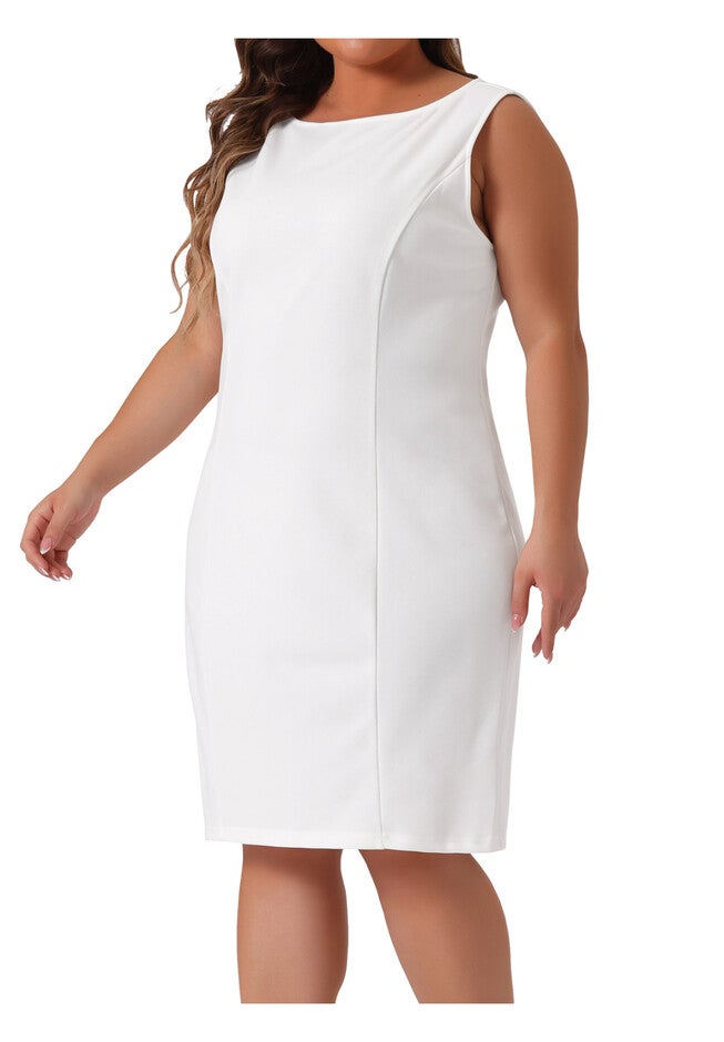 SLEEVELESS BOAT NECK STRAIGHT PENCIL SHEATH DRESS, White / White, alternate image number 1