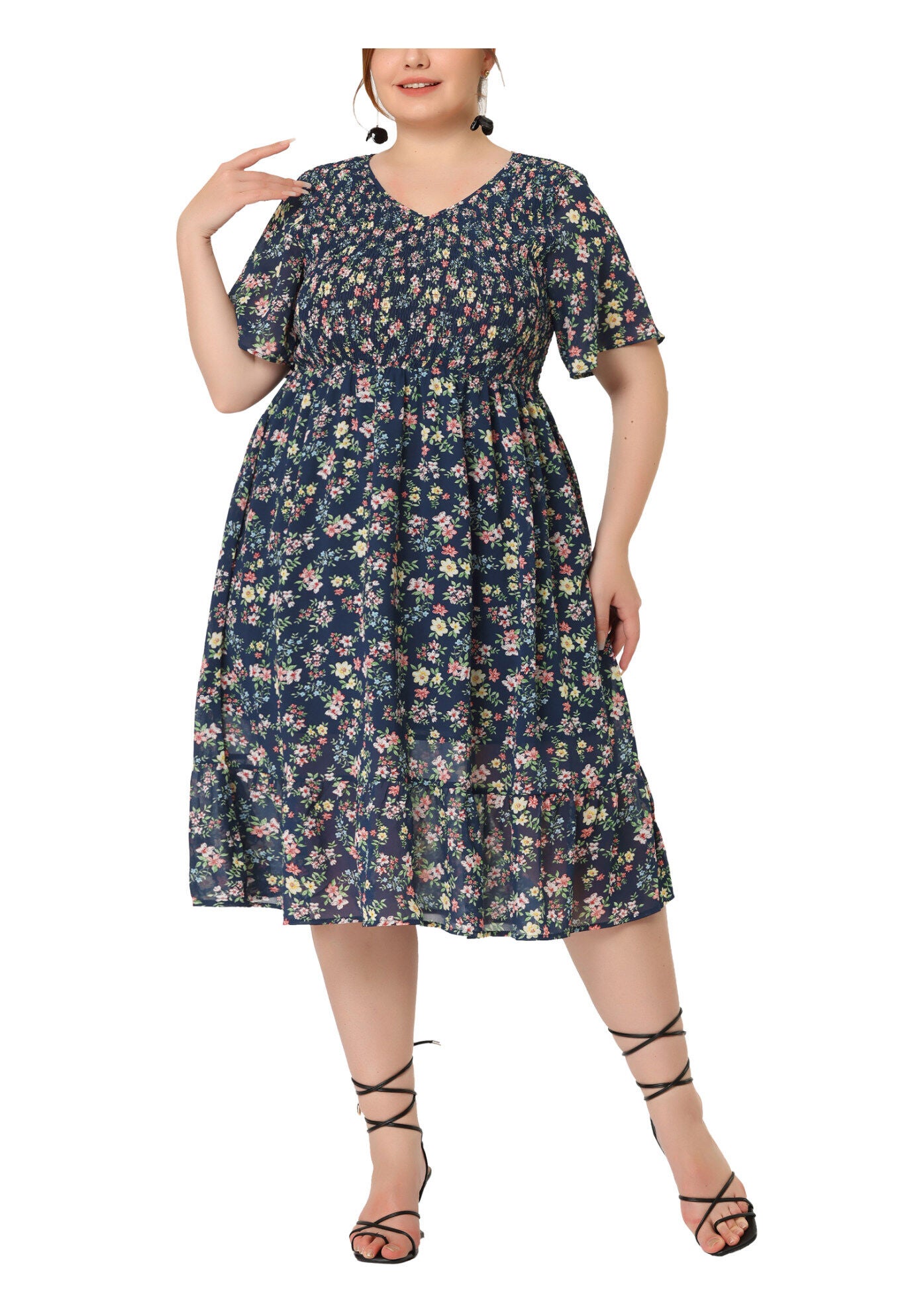 Flare Smock Ruffle Chiffon Floral Midi Dress, Blue / Navy, alternate image number 2
