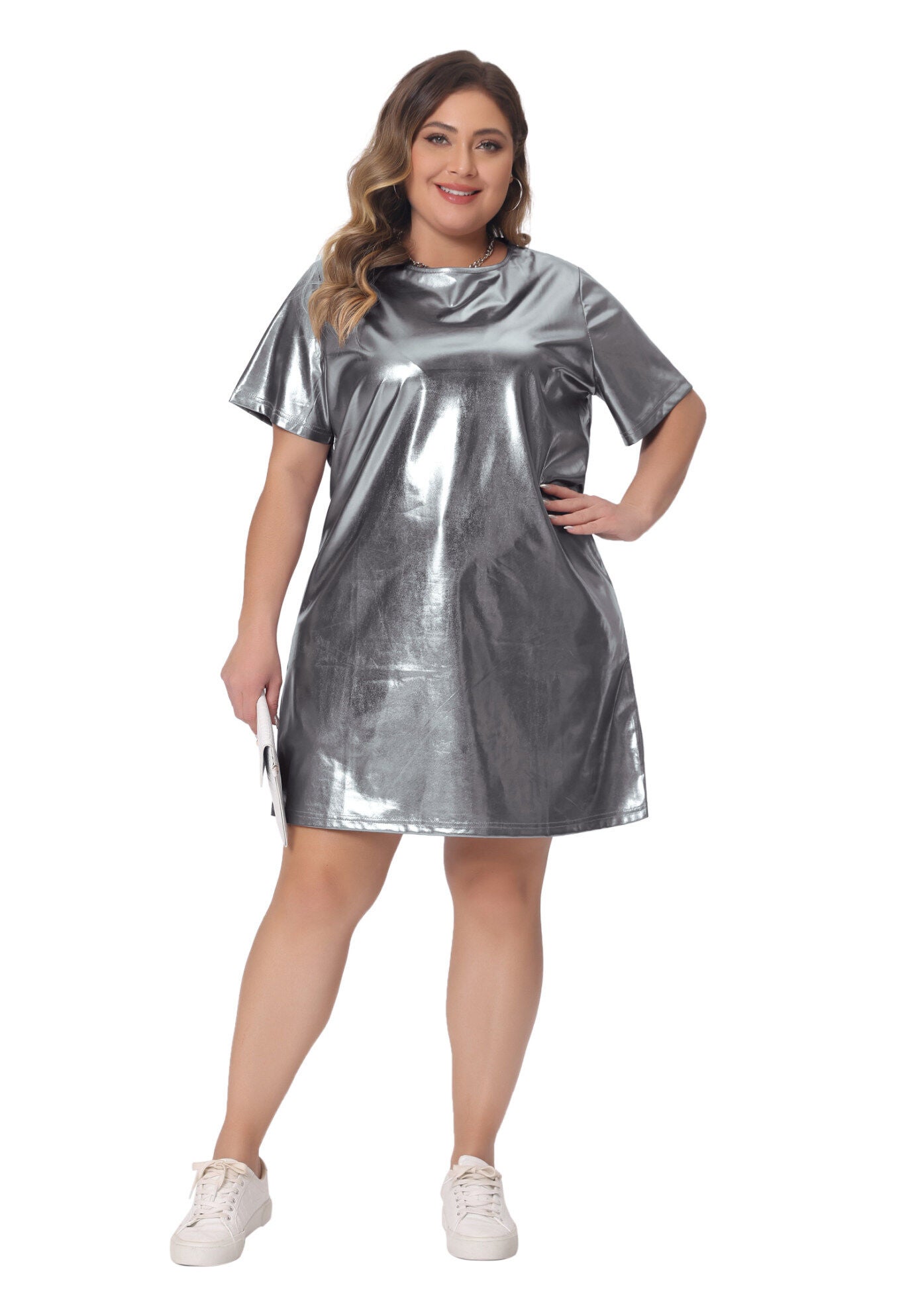 Metallic Round Neck Short Sleeve Loose Mini T-Shirt Dress, Silver / Silver, hi-res image number 0