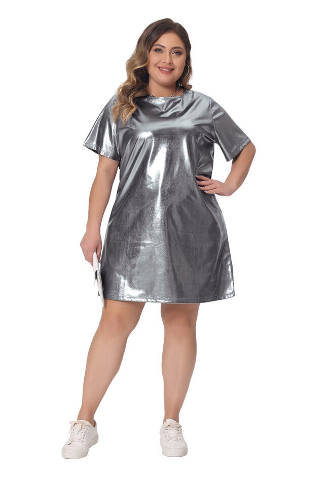 Metallic Round Neck Short Sleeve Loose Mini T-Shirt Dress, Silver / Silver, hi-res image number 0