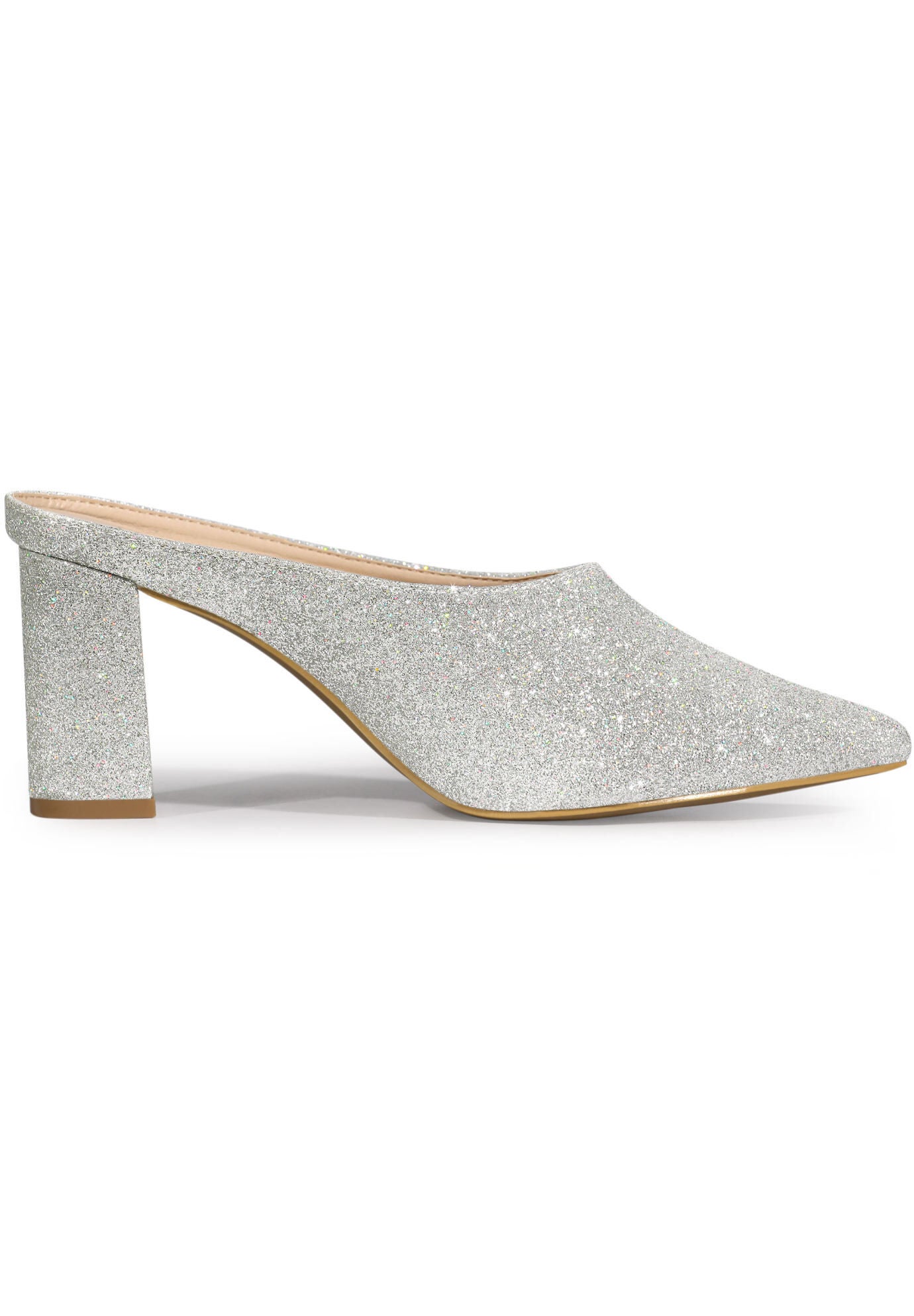 Glitter Pointed Toe Slip on Chunky Heels Slides Mules, Silver / Silver, alternate image number 4