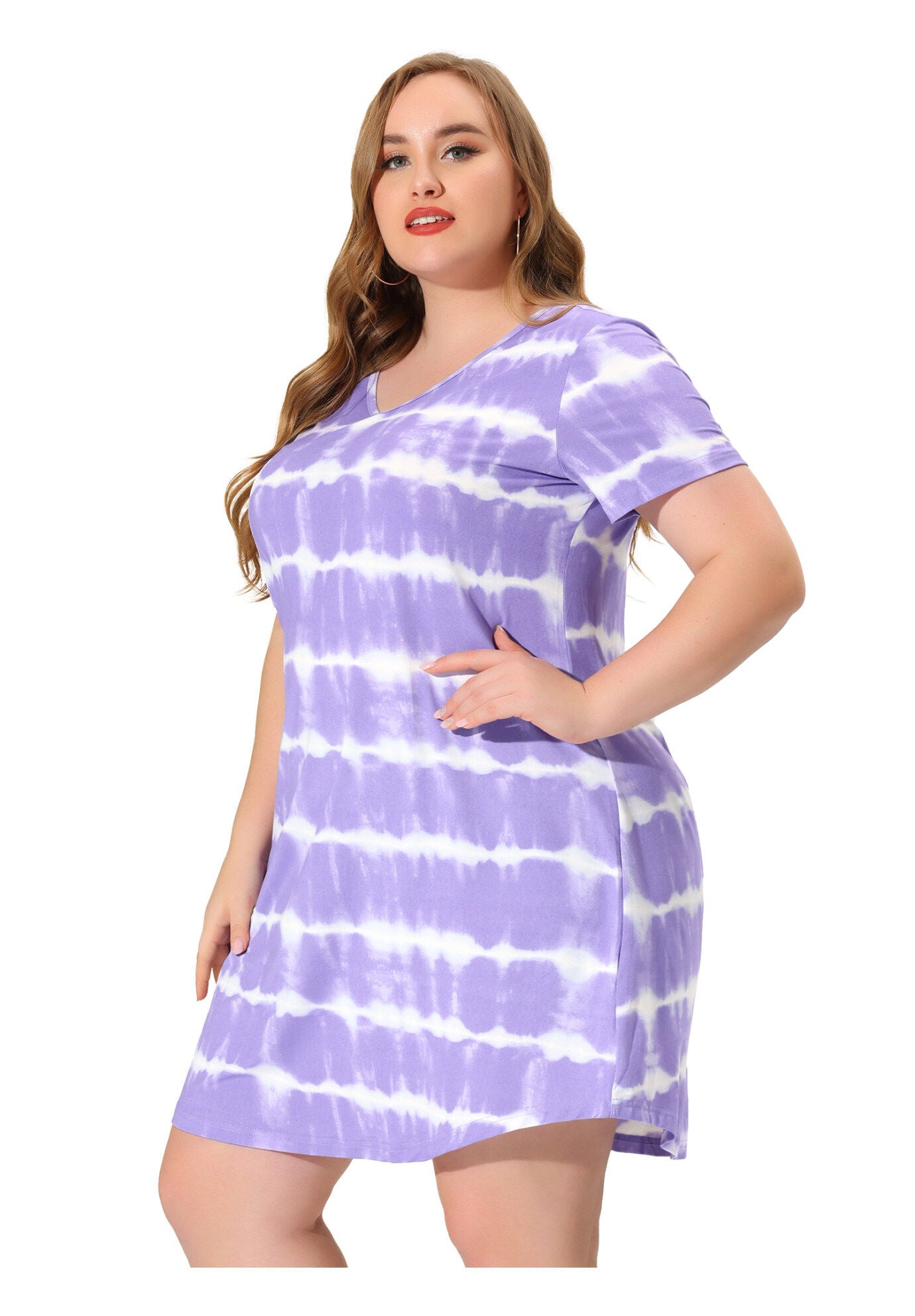 Tie Dye Summer V Neck Short Sleeve Dress, Light Purple / Purple, hi-res image number 0
