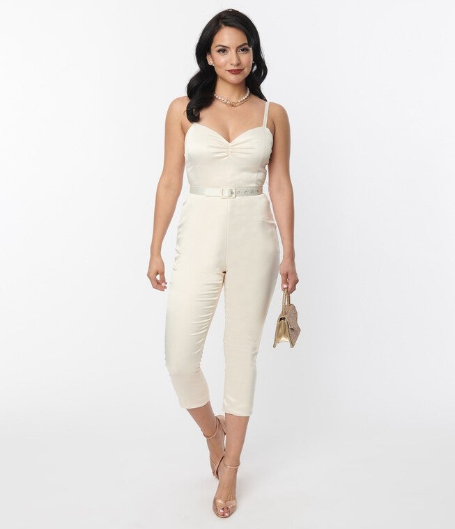 Unique Vintage Cream Satin Bridal Marcel Jumpsuit, , alternate image number null